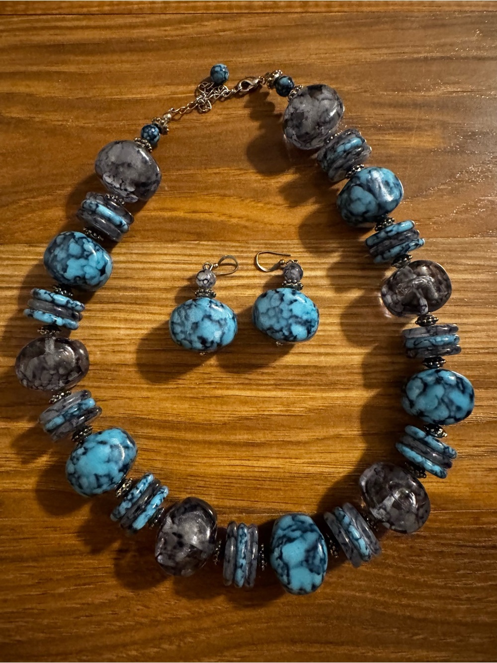 Vintage very well made heavy Turquoise and Gray Statement Necklace and earrings